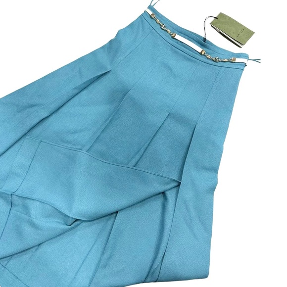 Gucci Turquoise Viscose Linen Pleated Midi Skirt with White Leather Gold GG Belt - Picture 8 of 11